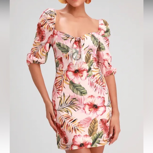 Lulu’s Zaliki Pink Tropical Print Tie-Front Puff Sleeve Mini Dress - Picture 14 of 16